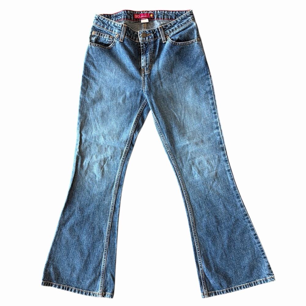 So Jeans Women's Blue Mid Rise Bootcut Flare Medium Wash Juniors Jeans 5 Short